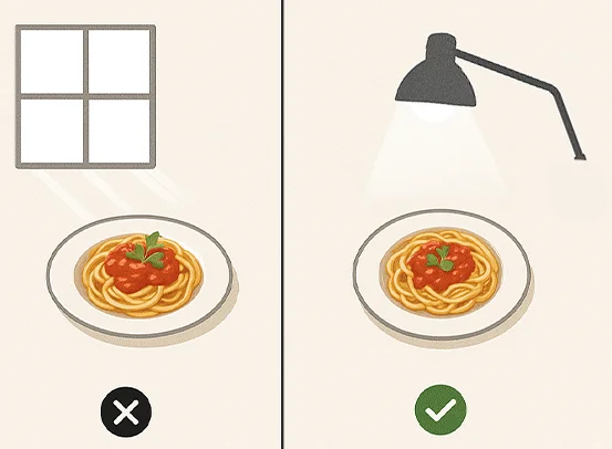 Food photography lighting setup showing proper light source positioning